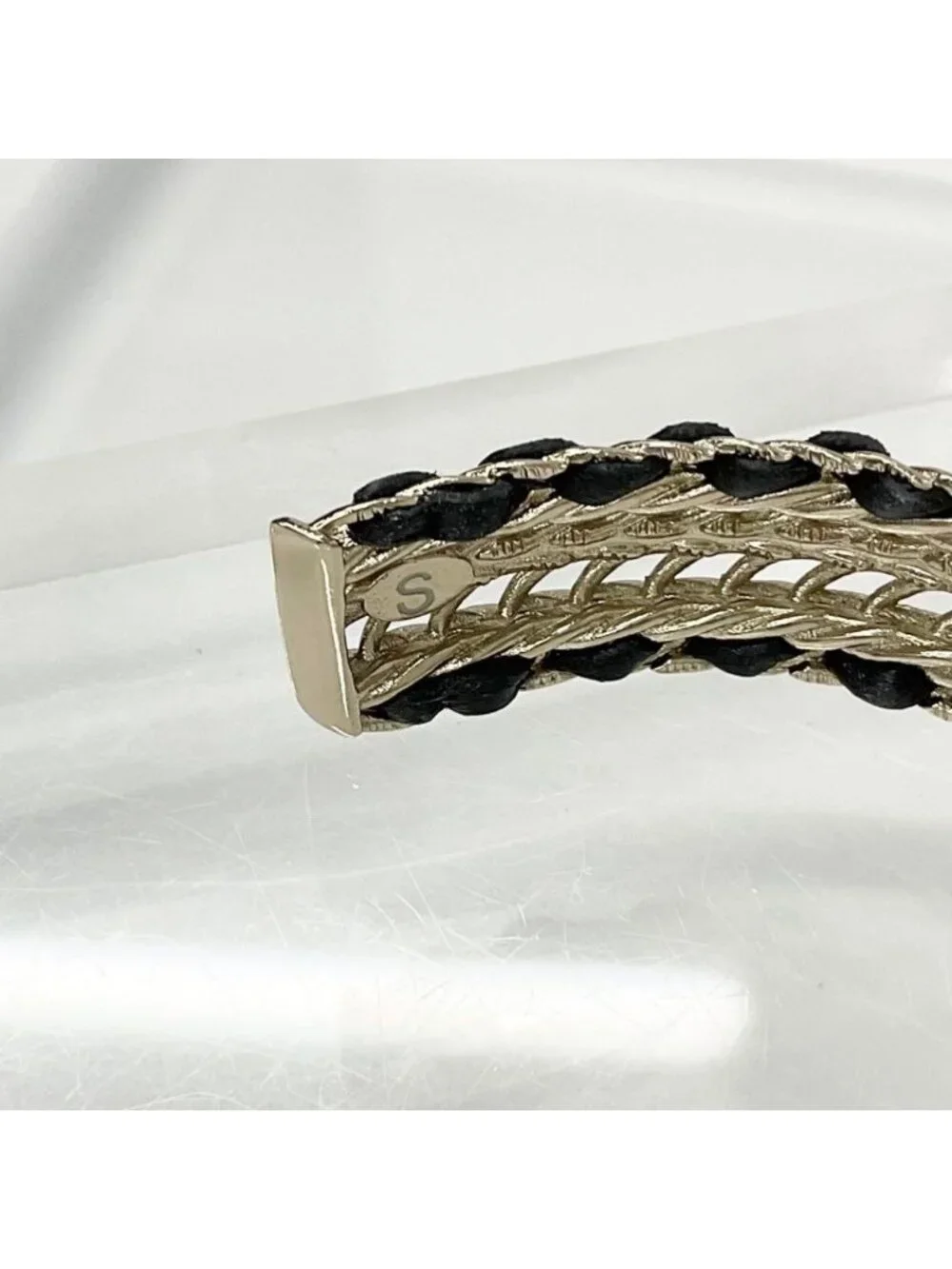 Chanel CC Logo Bangle Rhinestone Leather Bracelet Gold